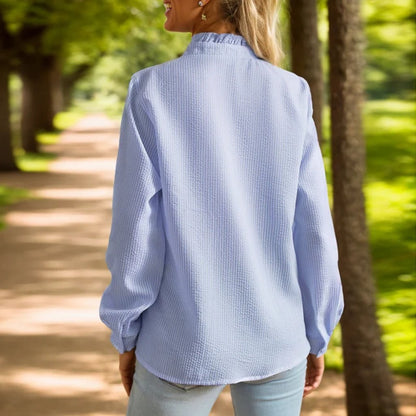 Blusa de algodón abotonada de manga larga con volantes para mujer