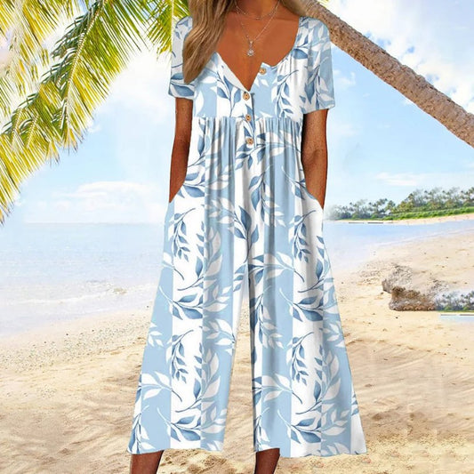 Enterizo Culotte de Algodón con Manga Corta, Botones y Cuello en V para Mujer