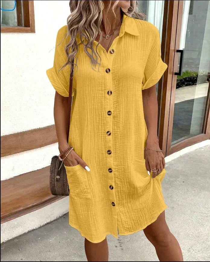 Vestido camisero abotonado de puro algodón para mujer