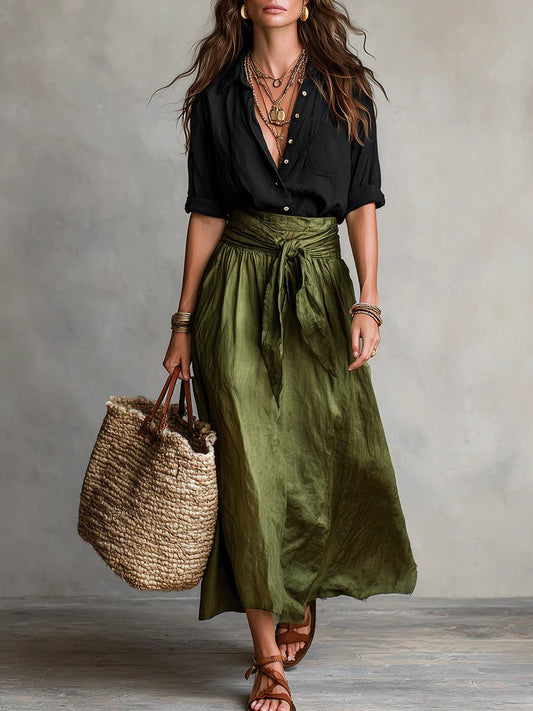 Conjunto de Crop Top Abotonado y Falda Maxi de Tiro Alto para Mujer