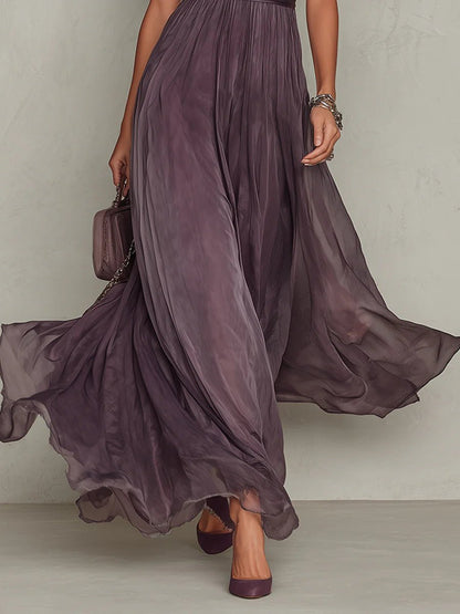 Vestido Maxi de Gasa y Encaje con Escote Lágrima y Manga Corta para Mujer