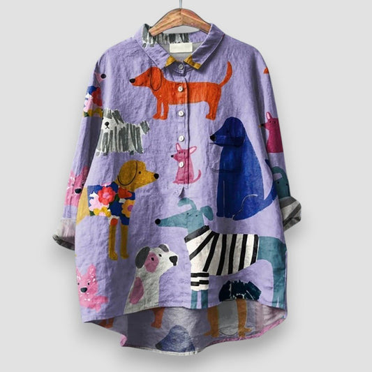 Camisa Manga Larga con Cuello y Botones con Estampado de Perros para Mujer