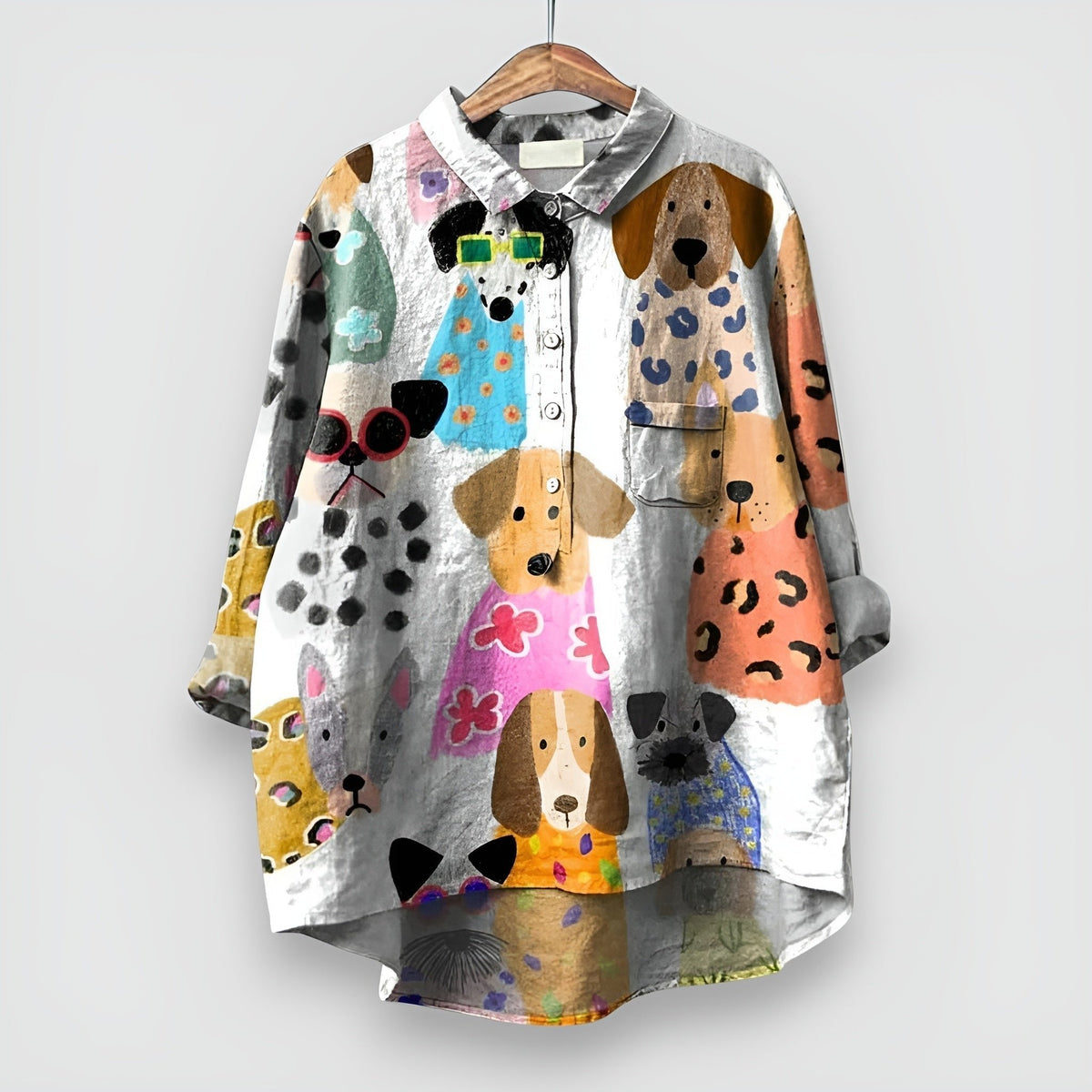 Camisa Manga Larga con Cuello y Botones con Estampado de Perros para Mujer