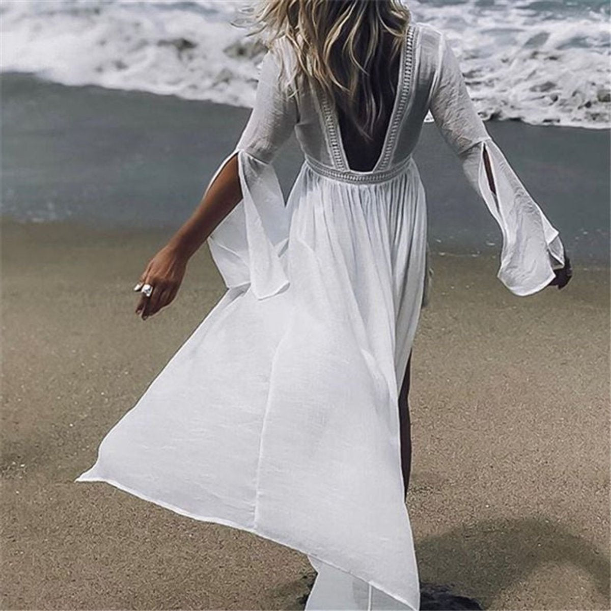 Túnica playera maxi tipo kimono con espalda descubierta para mujer