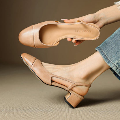 Zapatos de tacón en bloque destalonados de cuero para mujer con punta almendrada