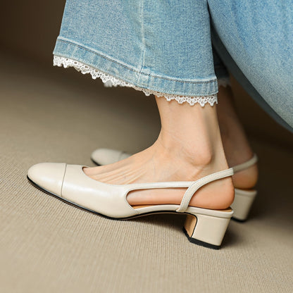 Zapatos de tacón en bloque destalonados de cuero para mujer con punta almendrada