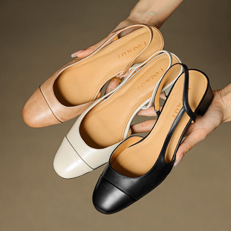 Zapatos de tacón en bloque destalonados de cuero para mujer con punta almendrada