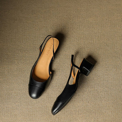 Zapatos de tacón en bloque destalonados de cuero para mujer con punta almendrada