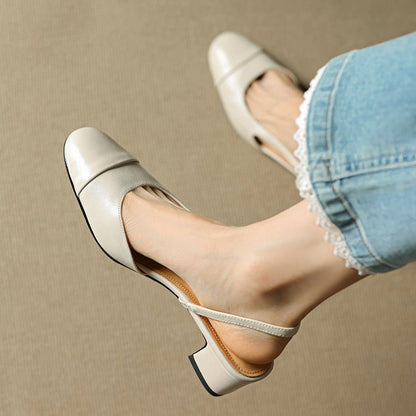 Zapatos de tacón en bloque destalonados de cuero para mujer con punta almendrada