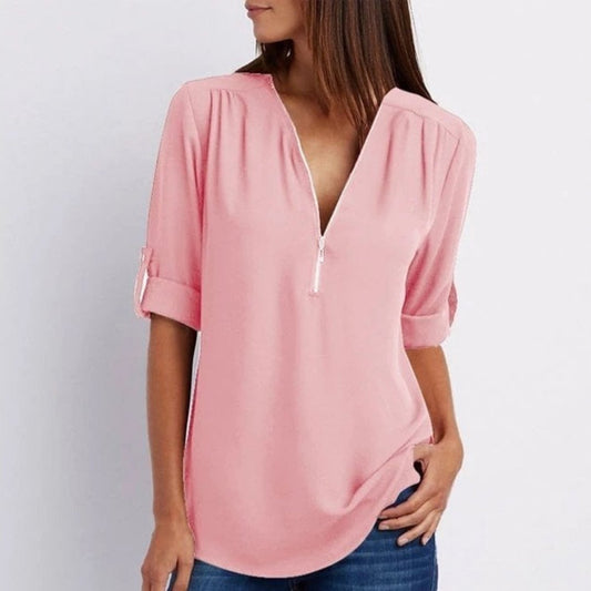 Blusa ligera con cuello en V y medio cierre con mangas enrollables para mujer
