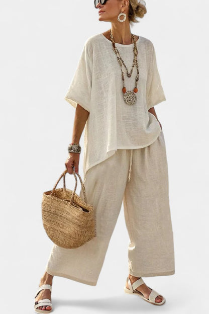 Conjunto de dos piezas de blusa asimétrica de lino y pantalón ancho para mujer