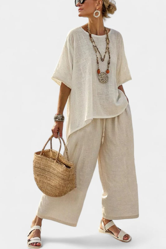 Conjunto de dos piezas de blusa asimétrica de lino y pantalón ancho para mujer