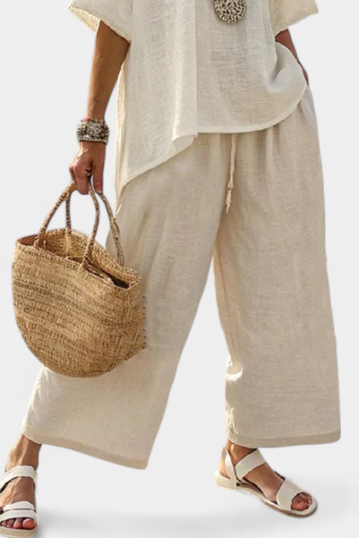 Conjunto de dos piezas de blusa asimétrica de lino y pantalón ancho para mujer