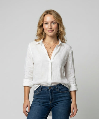 Blusa de Lino con Cuello y Manga 3/4 para Mujer