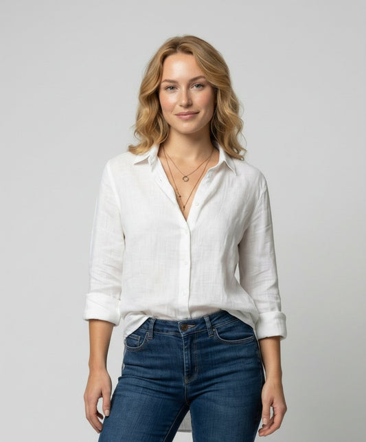 Blusa de Lino con Cuello y Manga 3/4 para Mujer