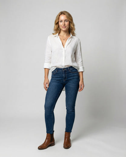Blusa de Lino con Cuello y Manga 3/4 para Mujer