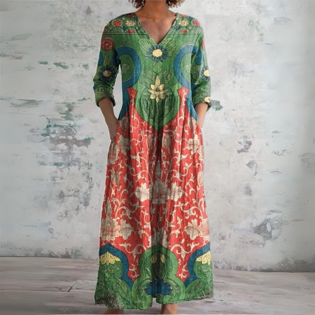 Vestido Maxi Bohemio de Lino con Escote en V y Estampado Étnico para Mujer