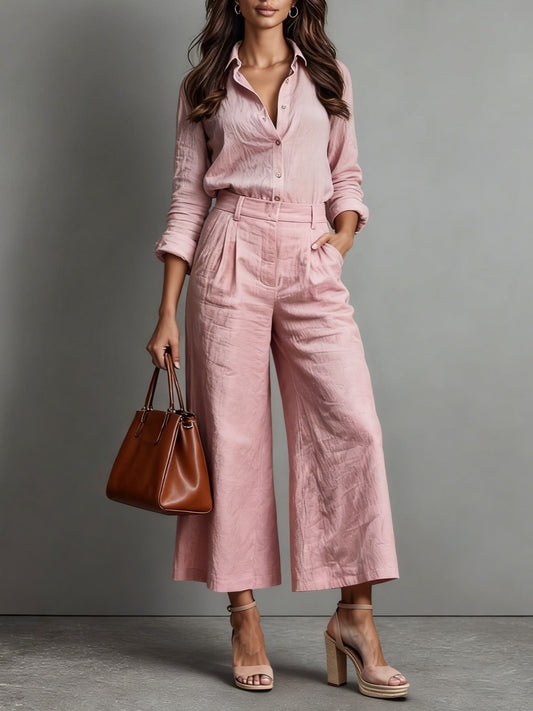 Conjunto de Blusa de Lino Abotonada y Pantalón Ancho para Mujer