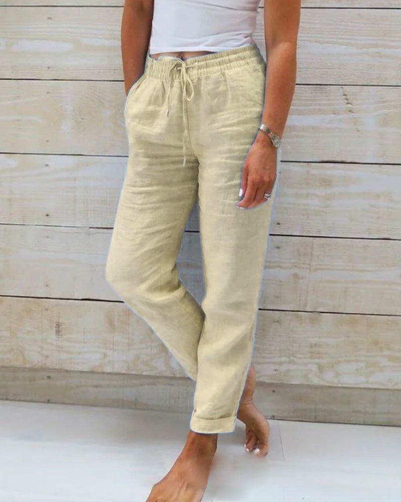 Pantalón de lino de corte recto con cintura elástica y cordón para mujer