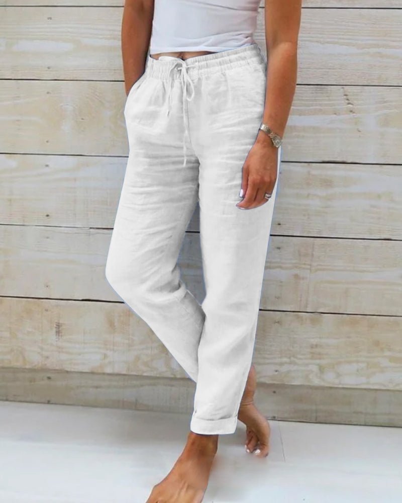 Pantalón de lino de corte recto con cintura elástica y cordón para mujer