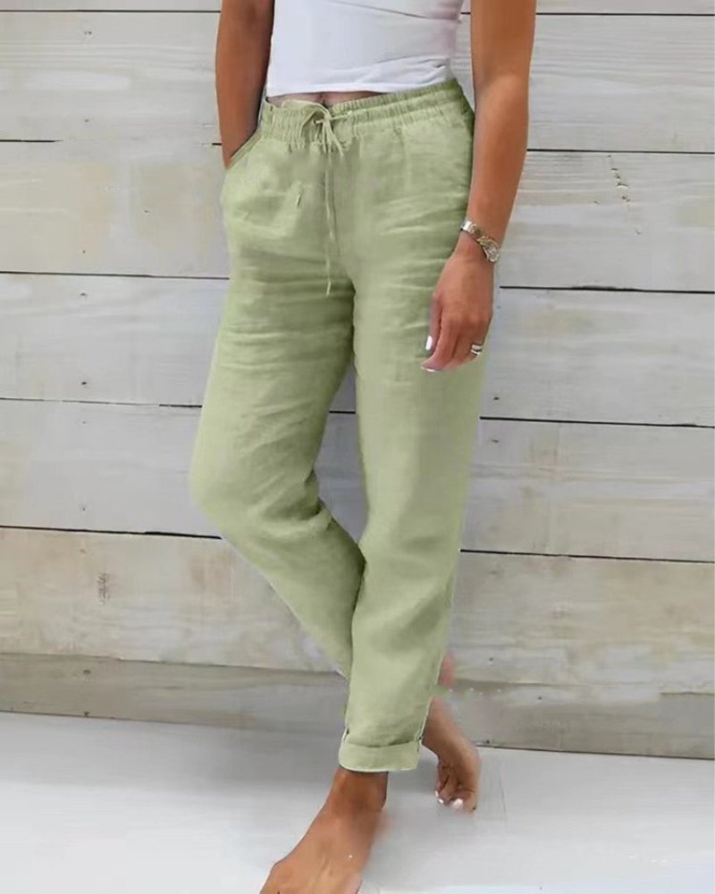 Pantalón de lino de corte recto con cintura elástica y cordón para mujer