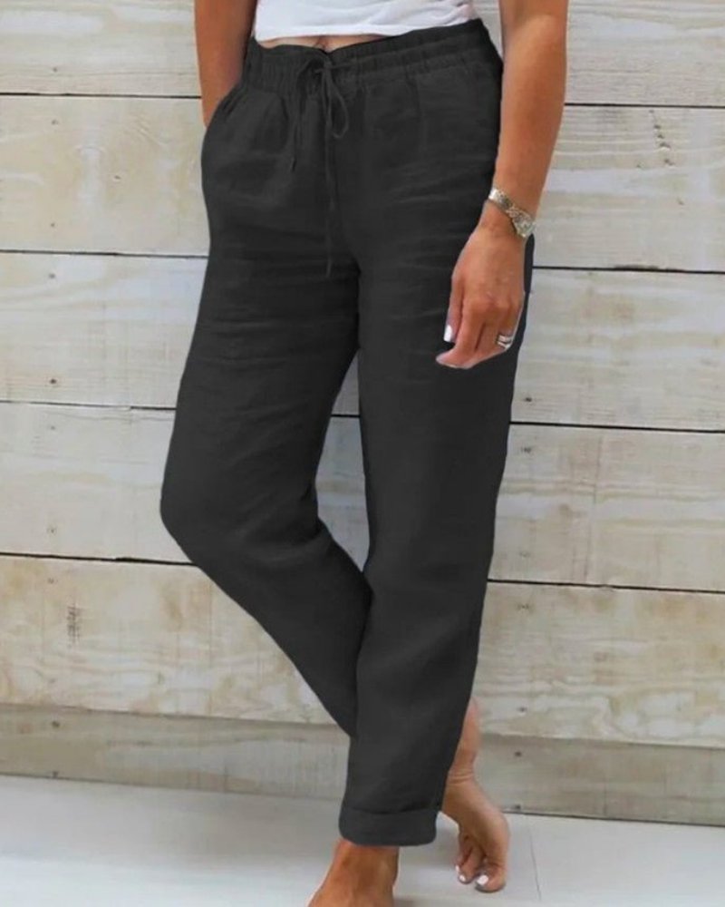 Pantalón de lino de corte recto con cintura elástica y cordón para mujer
