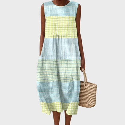 Vestido midi sin mangas de lino a cuadros para mujer