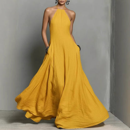Vestido Maxi de Lino con Cuello Halter para Mujer
