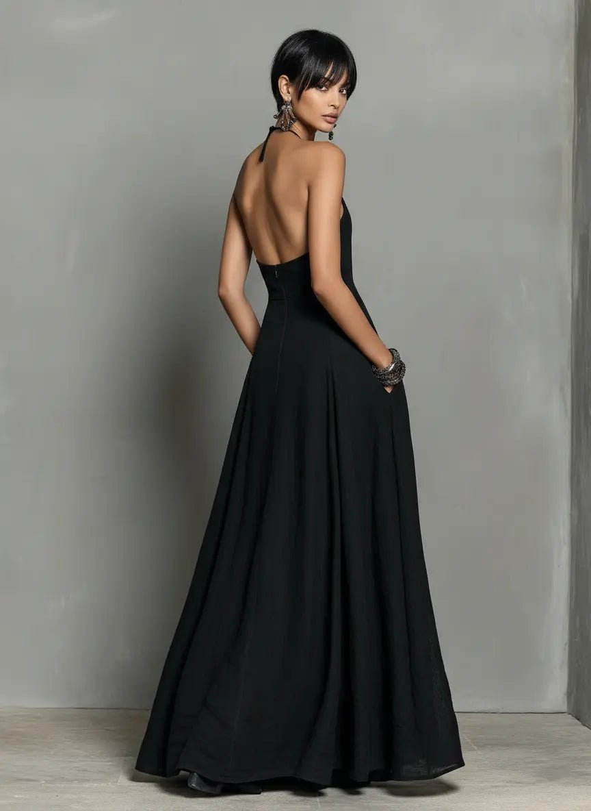 Vestido Maxi de Lino con Cuello Halter para Mujer