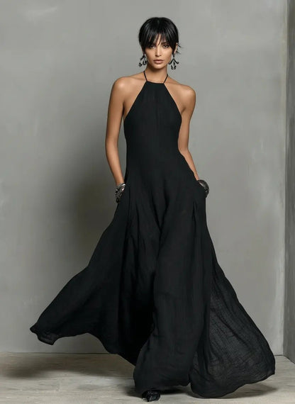 Vestido Maxi de Lino con Cuello Halter para Mujer