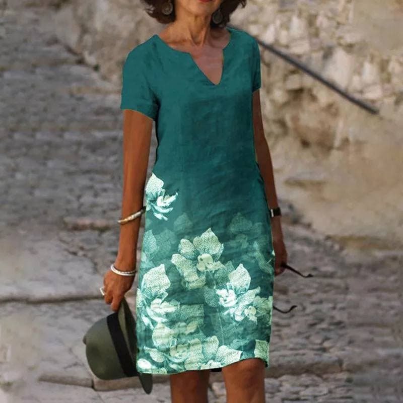 Vestido midi de lino con escote en V y manga corta para mujer