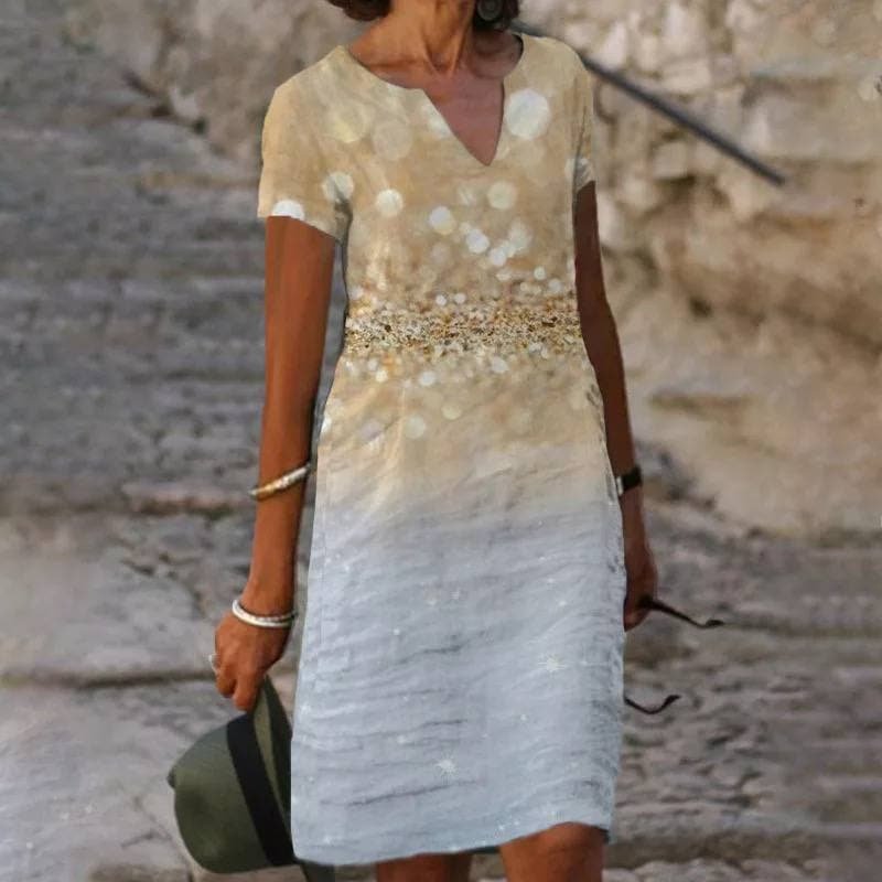 Vestido midi de lino con escote en V y manga corta para mujer