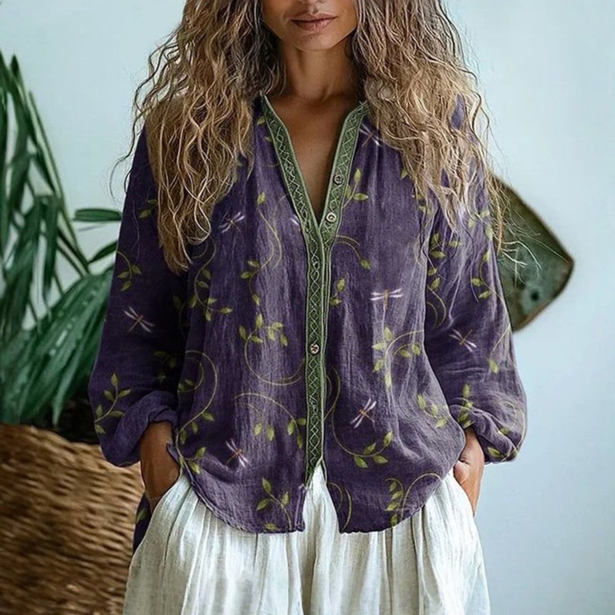 Blusa cárdigan de lino abotonada con estampado floral y manga larga para mujer