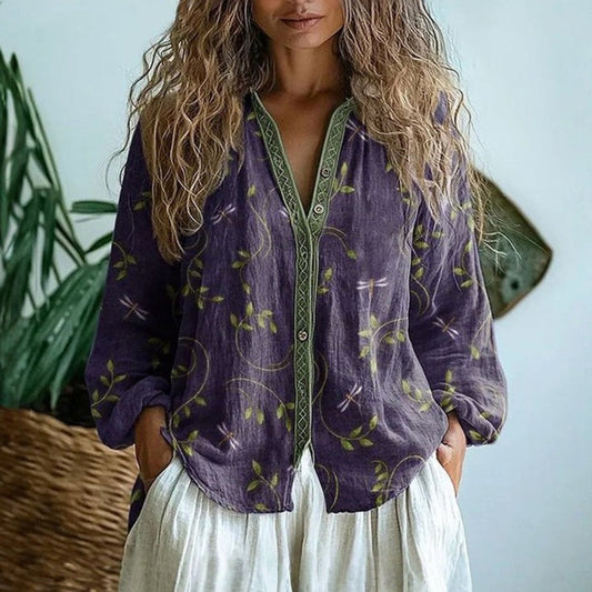 Blusa cárdigan de lino abotonada con estampado floral y manga larga para mujer