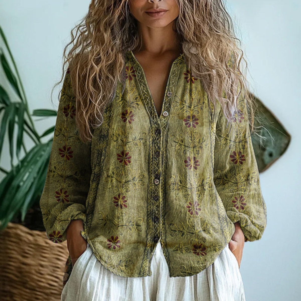 Blusa cárdigan de lino abotonada con estampado floral y manga larga para mujer