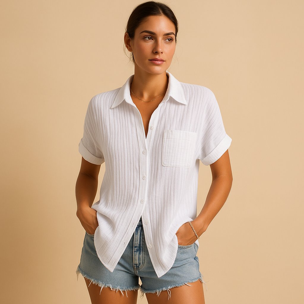 Camisa de Manga Corta con Bolsillo en Mezcla de Lino para Mujer