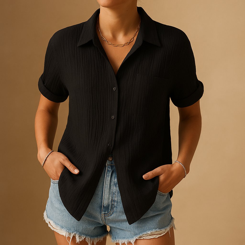 Camisa de Manga Corta con Bolsillo en Mezcla de Lino para Mujer