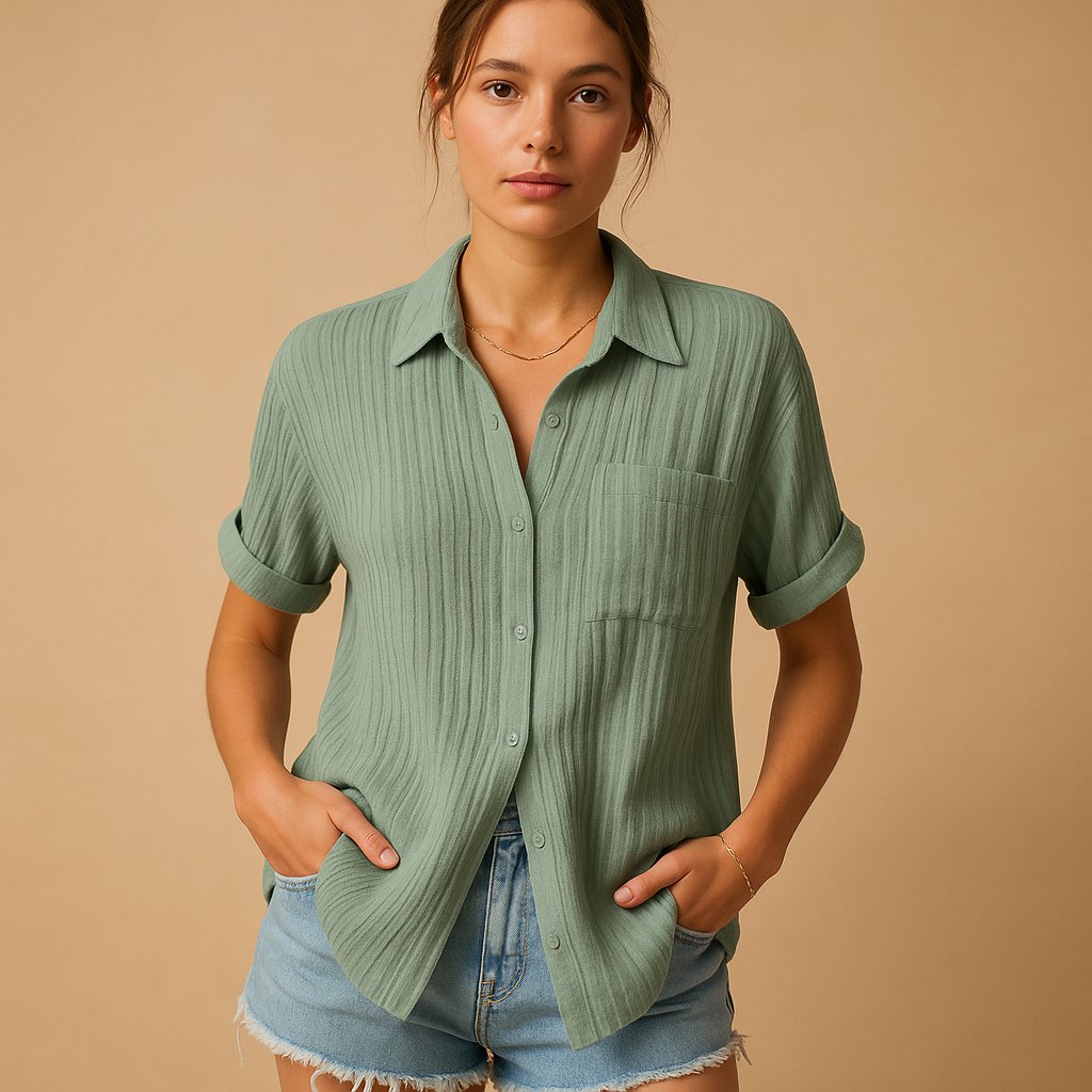 Camisa de Manga Corta con Bolsillo en Mezcla de Lino para Mujer