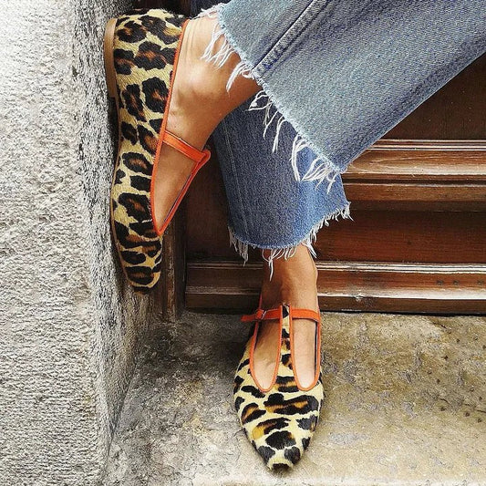 Bailarinas en Punta con Estampado de Leopardo y Tira en T con Textura de Lino para Mujer