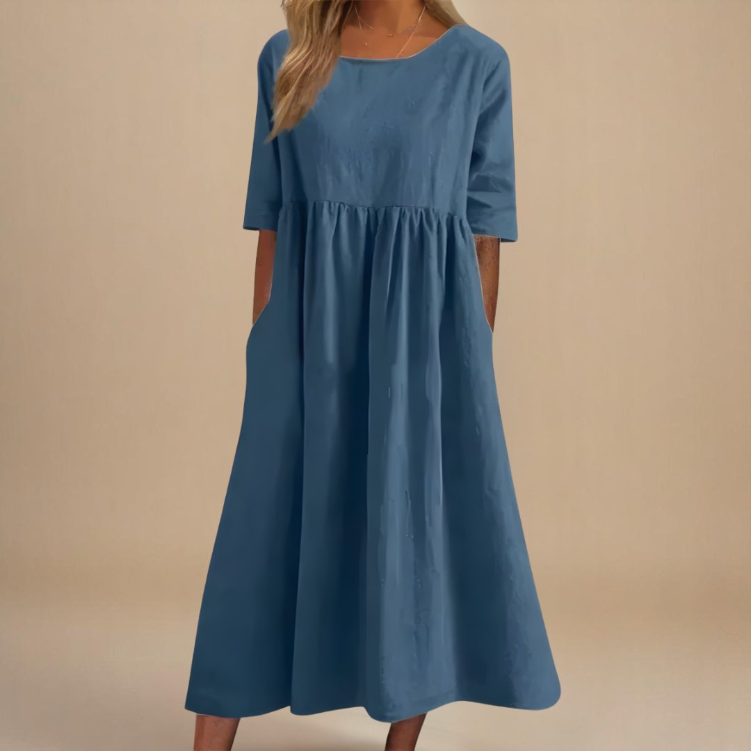 Vestido Midi de Lino con Corte Imperio y Manga Corta para Mujer