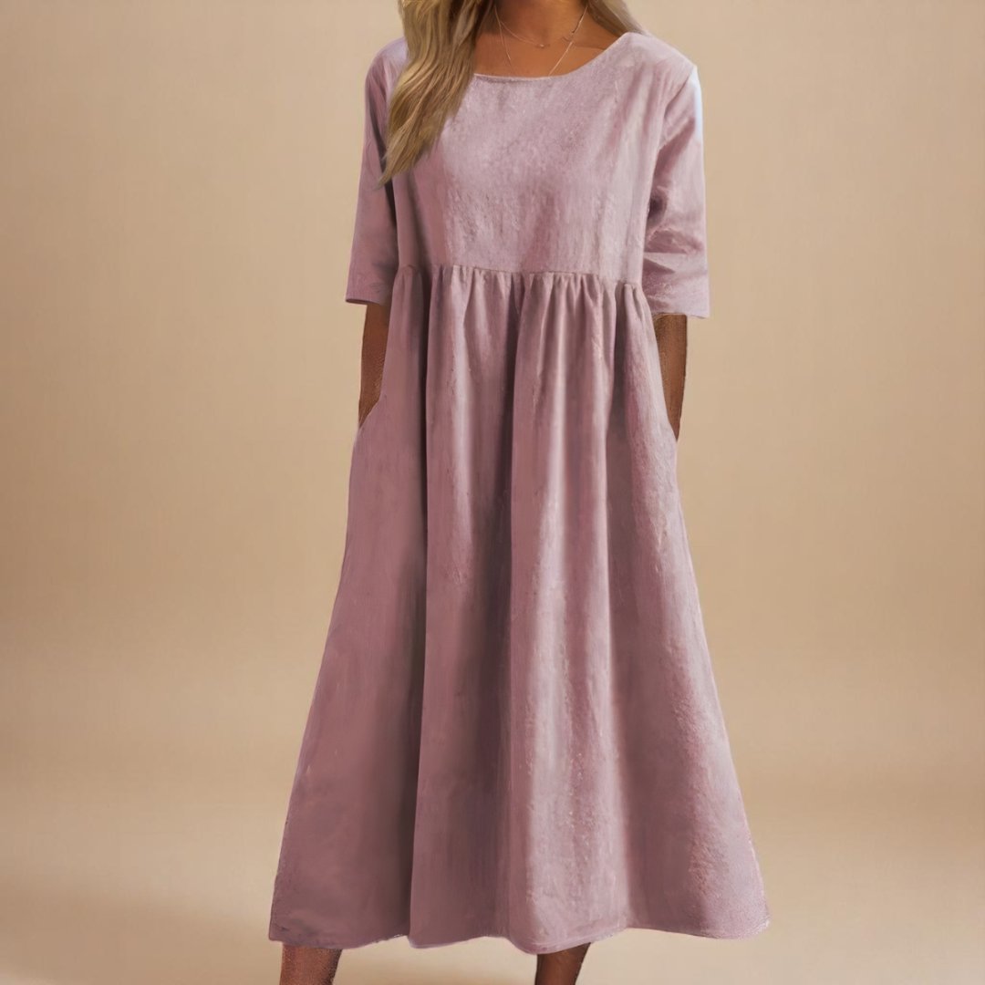 Vestido Midi de Lino con Corte Imperio y Manga Corta para Mujer