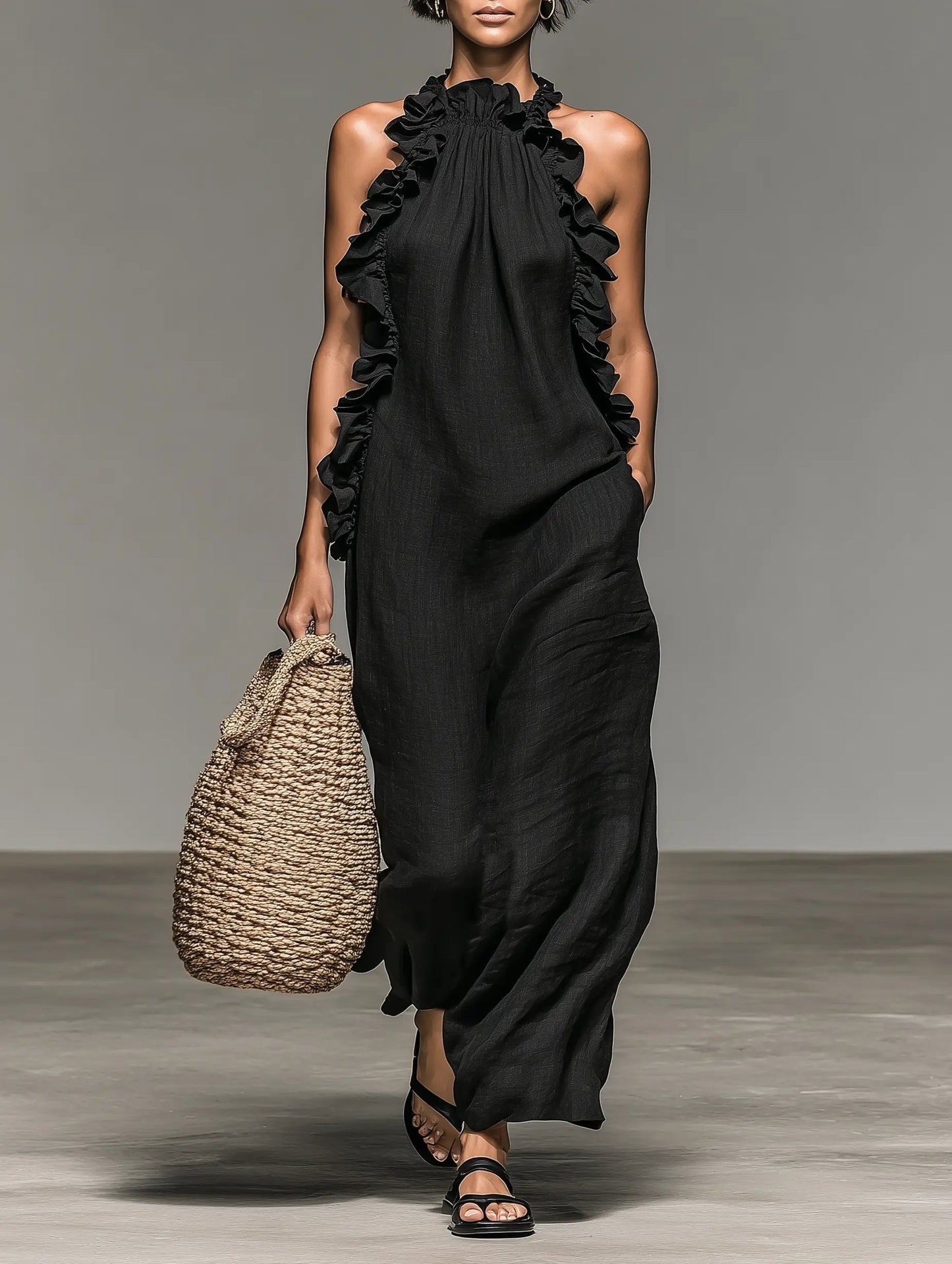 Vestido maxi de lino sin mangas con volantes para mujer