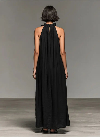 Vestido maxi de lino sin mangas con volantes para mujer