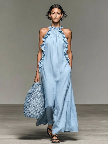Vestido maxi de lino sin mangas con volantes para mujer