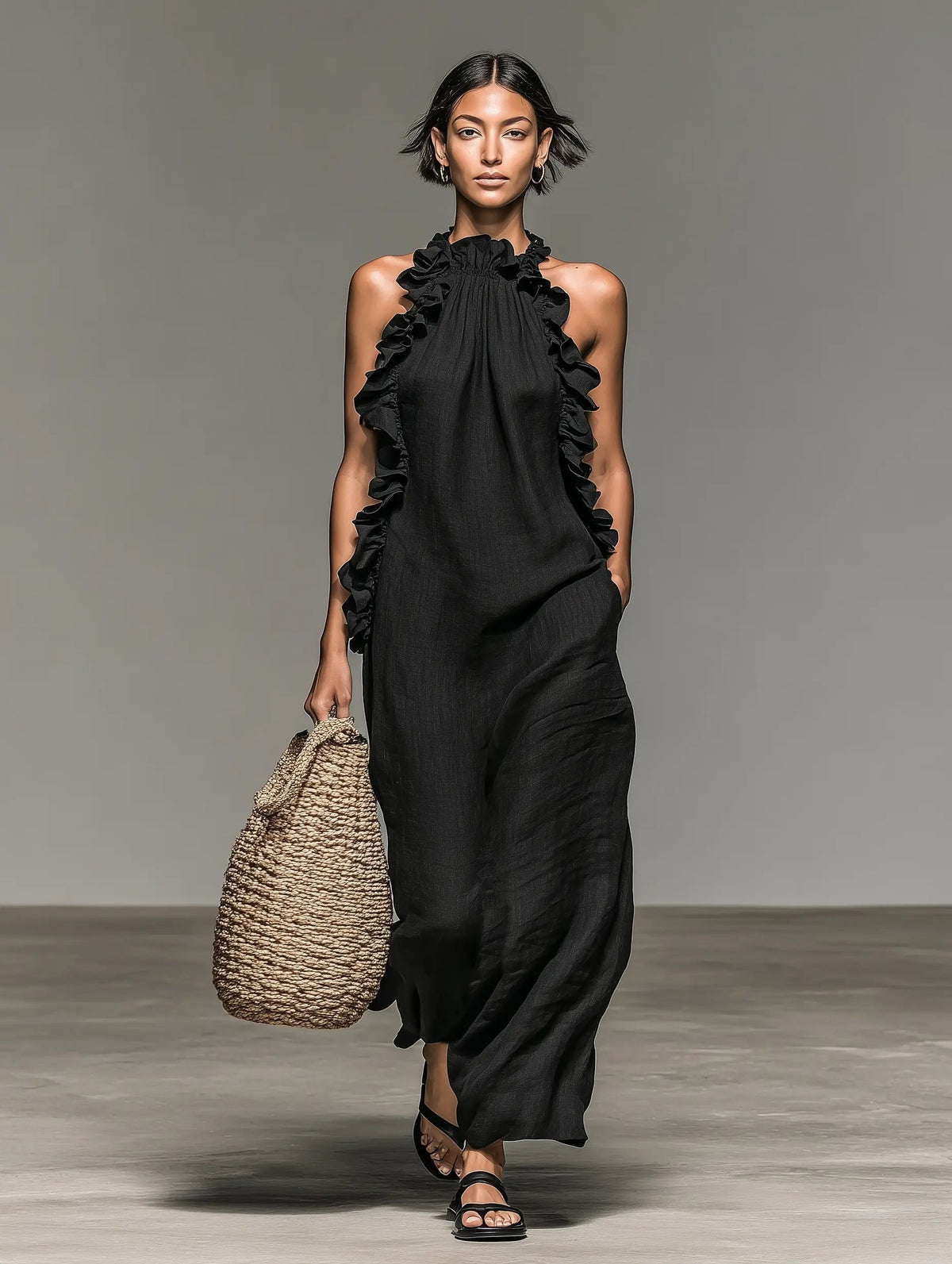 Vestido maxi de lino sin mangas con volantes para mujer