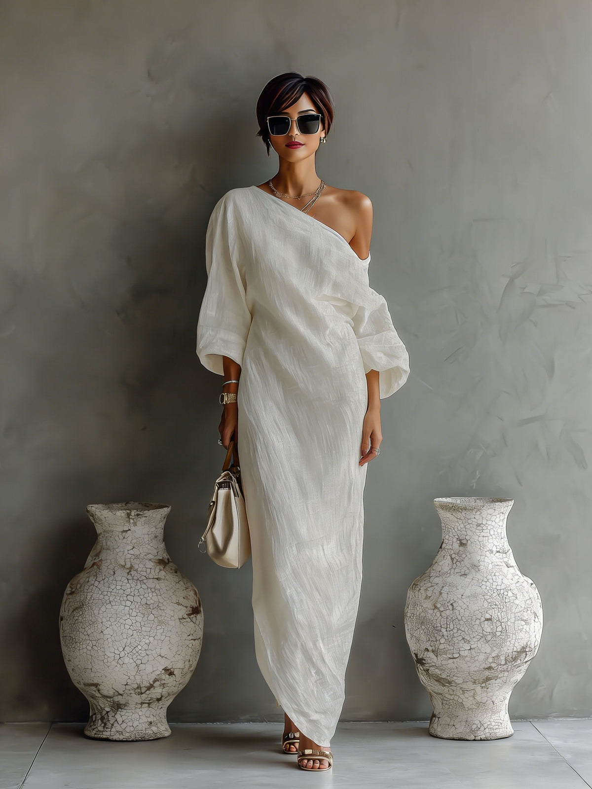 Vestido maxi de lino con un solo hombro para mujer