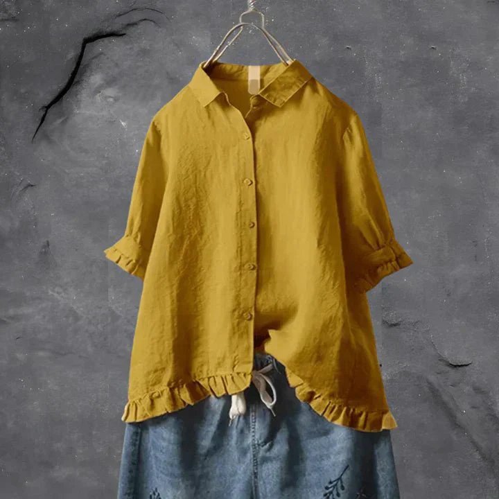 Camisa de Lino Abotonada con Mangas de Volantes para Mujer