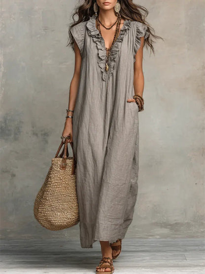 Vestido Maxi de Lino con Escote en V y Volantes para Mujer