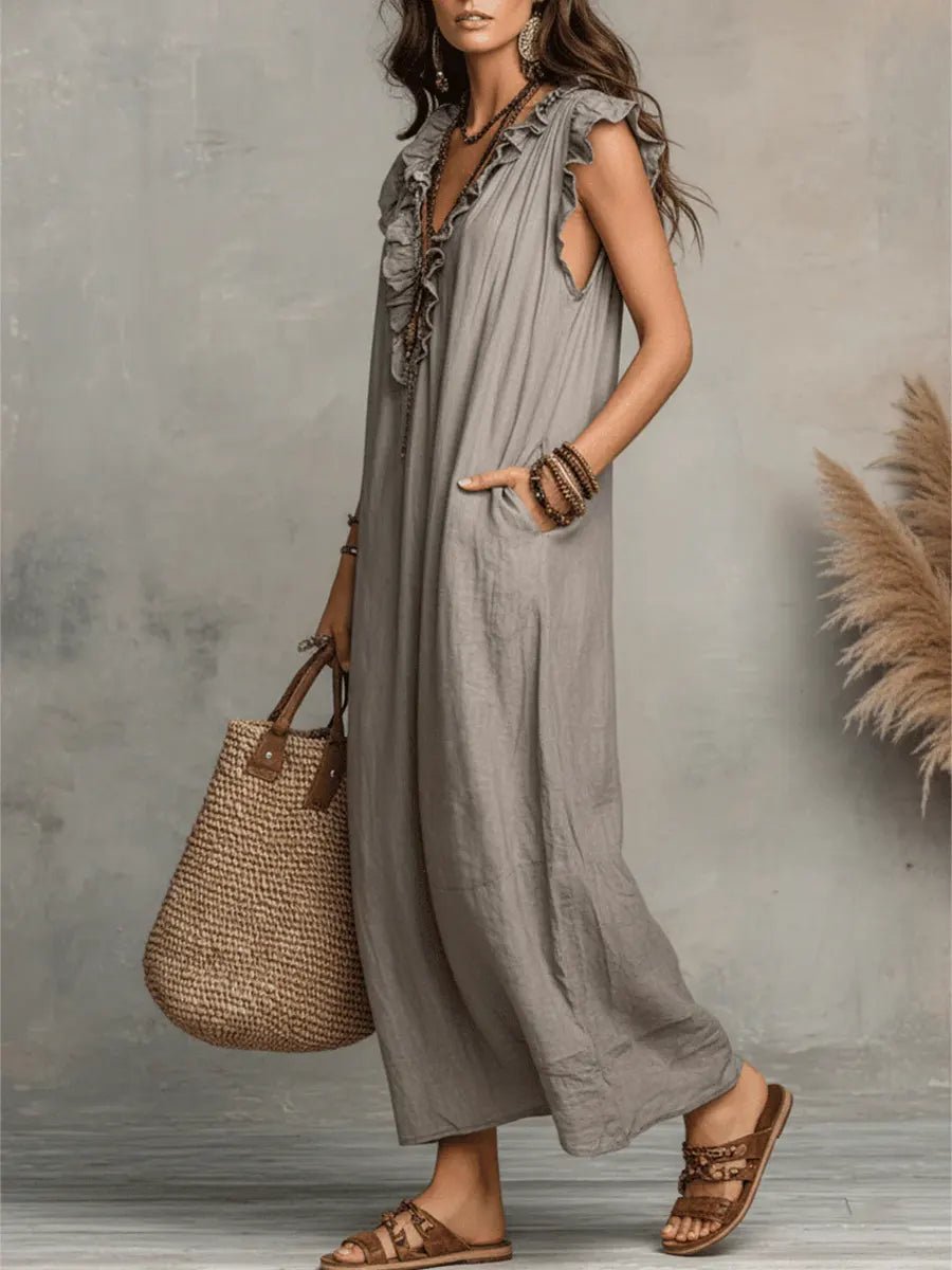 Vestido Maxi de Lino con Escote en V y Volantes para Mujer