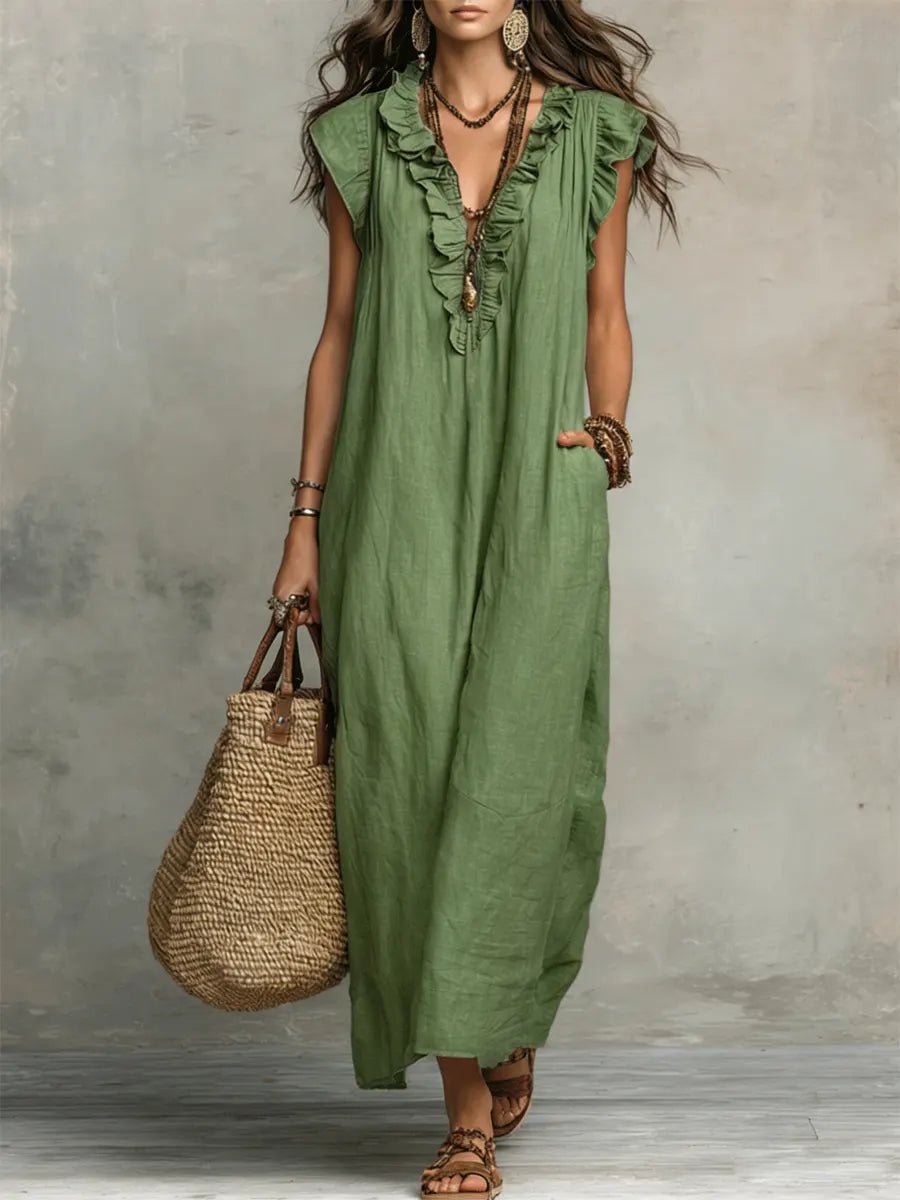 Vestido Maxi de Lino con Escote en V y Volantes para Mujer